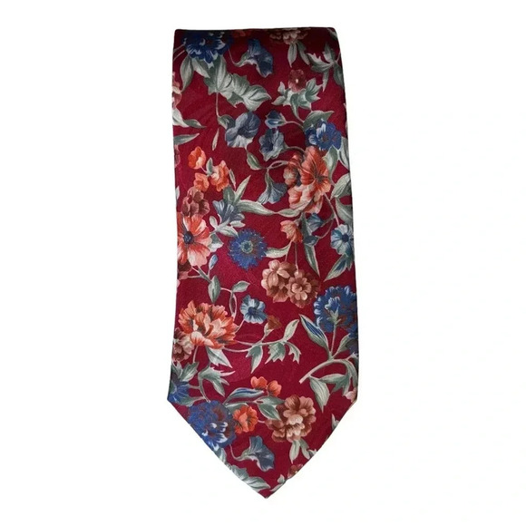 LONDON FOG Neck Tie Orange & Blue Flowers on Red Background 56" - Picture 1 of 5